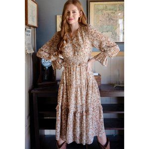 Beige Floral Midi Prairie Dress NWT